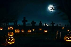 Halloween citrouilles dans une cimetière à nuit. généré par ai photo