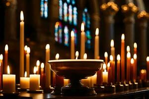 beaucoup bougies sont allumé dans de face de une église. généré par ai photo