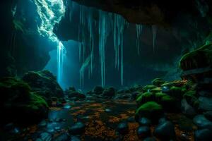 une la grotte avec cascades et moussu rochers. généré par ai photo