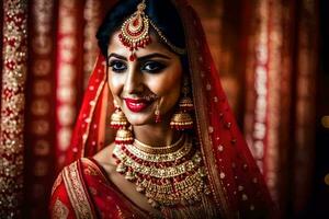 une magnifique Indien la mariée dans rouge et or. généré par ai photo