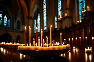 bougies sont allumé dans une église avec coloré verre les fenêtres. généré par ai photo