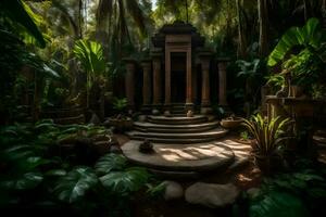 une temple dans le jungle avec les plantes et des arbres. généré par ai photo