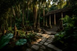 une pierre chemin pistes à une temple dans le jungle. généré par ai photo