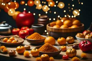 Orange et citrouille épices dans boules sur une tableau. généré par ai photo