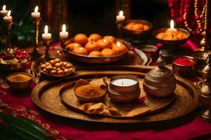 Indien nourriture et bougies sur une tableau. généré par ai photo