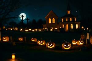 Halloween citrouilles dans le cimetière à nuit. généré par ai photo