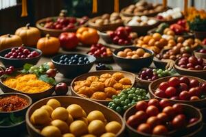 une table avec beaucoup différent les types de des fruits et des légumes. généré par ai photo