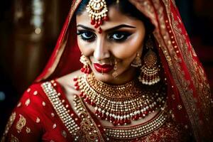 une magnifique Indien la mariée dans rouge et or. généré par ai photo