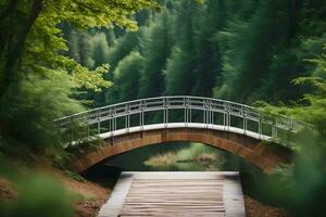 une pont dans le milieu de une forêt. généré par ai photo