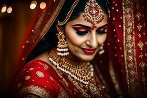 une magnifique la mariée dans rouge et or. généré par ai photo