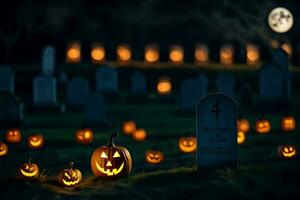 Halloween citrouilles dans une cimetière avec pierres tombales. généré par ai photo