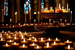 beaucoup bougies sont allumé dans une église. généré par ai photo