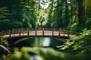 une pont dans le milieu de une forêt. généré par ai photo