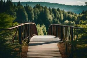 une pont dans le milieu de une forêt. généré par ai photo