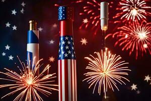 feux d'artifice et une drapeau avec une bouteille de du vin. généré par ai photo