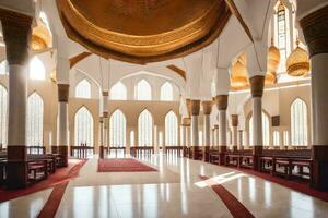 le intérieur de une grand mosquée avec or et blanc piliers. généré par ai photo