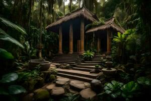 une petit cabane dans le milieu de une jungle. généré par ai photo