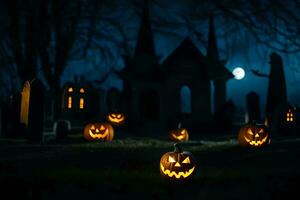 Halloween citrouilles dans le cimetière à nuit. généré par ai photo