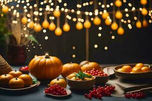 action de grâces dîner avec citrouilles, baies et autre des fruits. généré par ai photo