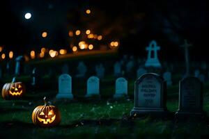 Halloween citrouilles dans une cimetière à nuit. généré par ai photo