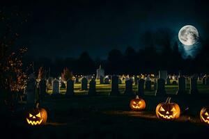 Halloween citrouilles dans une cimetière à nuit. généré par ai photo