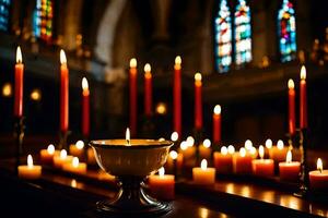 bougies sont allumé dans de face de une église. généré par ai photo