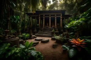 une petit temple dans le jungle entouré par les plantes. généré par ai photo