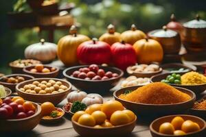 une table rempli avec différent les types de aliments. généré par ai photo