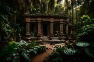 une temple dans le jungle avec les plantes et des arbres. généré par ai photo