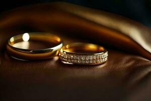 deux or mariage anneaux sur une marron chiffon. généré par ai photo