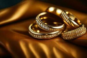 Trois or mariage anneaux sur une marron chiffon. généré par ai photo