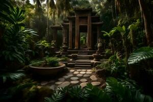 une jardin avec une temple dans le milieu de le jungle. généré par ai photo