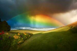 une arc en ciel est vu plus de une champ avec fleurs. généré par ai photo