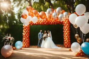 une la mariée et jeune marié permanent en dessous de un cambre de des ballons. généré par ai photo