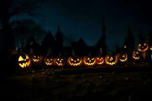 Halloween citrouilles dans le foncé avec une Château dans le Contexte. généré par ai photo