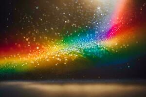 une arc en ciel est vu dans le foncé avec une brillant lumière. généré par ai photo