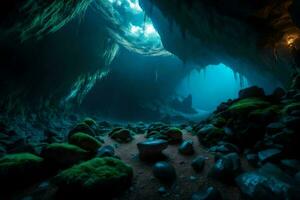 le à l'intérieur de une la grotte avec rochers et l'eau. généré par ai photo