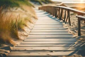 une en bois sentier de premier plan à le plage à le coucher du soleil. généré par ai photo