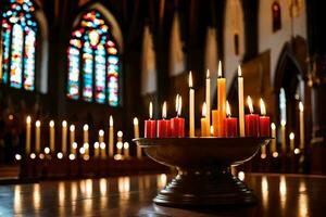 une bougie est allumé dans de face de une église. généré par ai photo