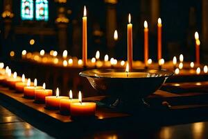 bougies sont allumé dans une église avec bougies. généré par ai photo