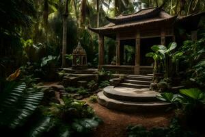 une petit pagode dans le milieu de une jungle. généré par ai photo