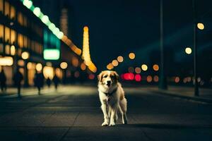 une chien permanent dans le milieu de une ville rue à nuit. généré par ai photo