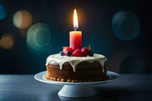 une anniversaire gâteau avec une bougie sur Haut. généré par ai photo