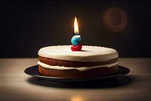 une anniversaire gâteau avec une bougie sur Haut. généré par ai photo