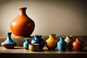 une groupe de coloré des vases séance sur une tableau. généré par ai photo