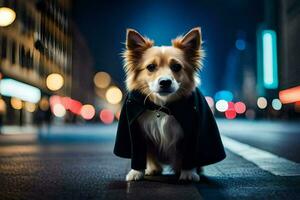 une chien dans une manteau permanent sur le rue à nuit. généré par ai photo