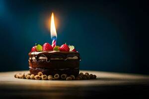 une Chocolat anniversaire gâteau avec une Célibataire bougie. généré par ai photo