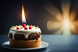 une anniversaire gâteau avec une bougie sur Haut. généré par ai photo