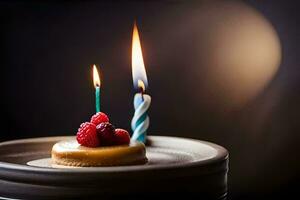 une anniversaire gâteau avec deux bougies et baies. généré par ai photo