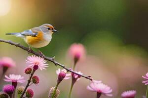 une petit oiseau est séance sur une branche avec rose fleurs. généré par ai photo